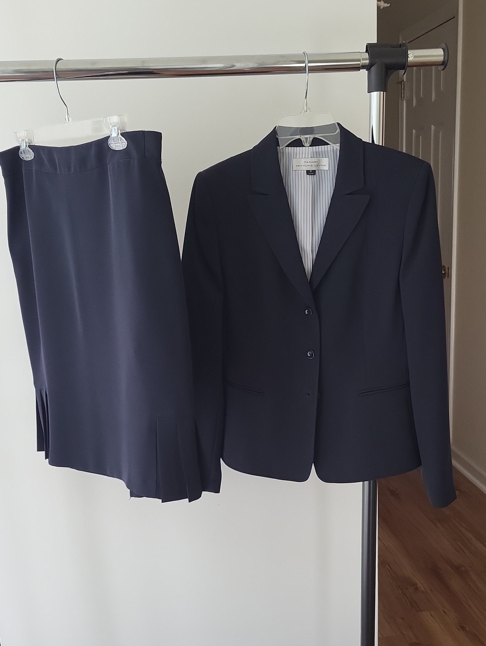 Women's Navy Two-Piece Skirt Suit - Tailored Blazer and Pleated Skirt